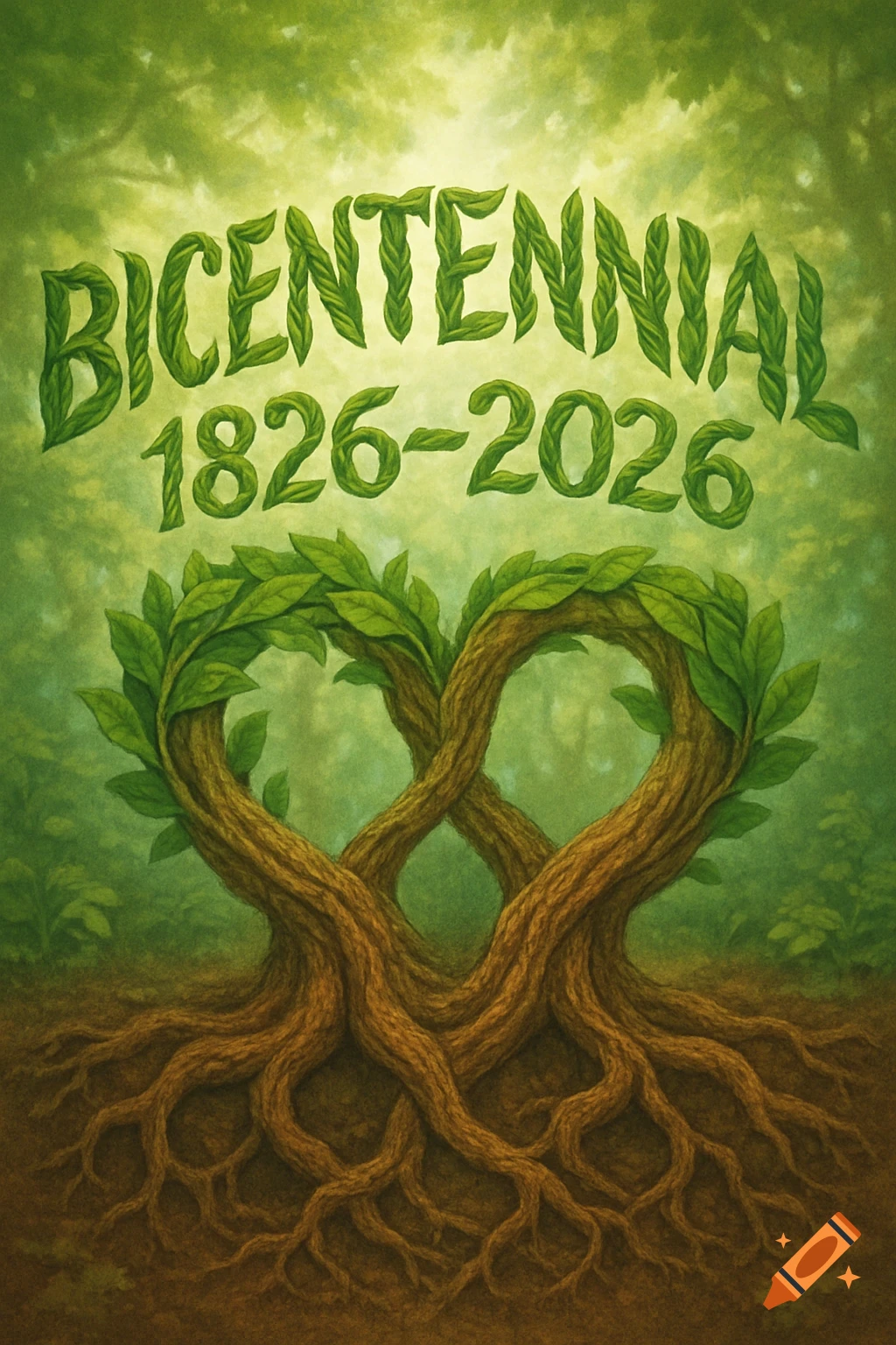 Green leaf text 'BICENTENNIAL 1826-2026' above two heart-shaped trees with intertwined roots, illustrative.