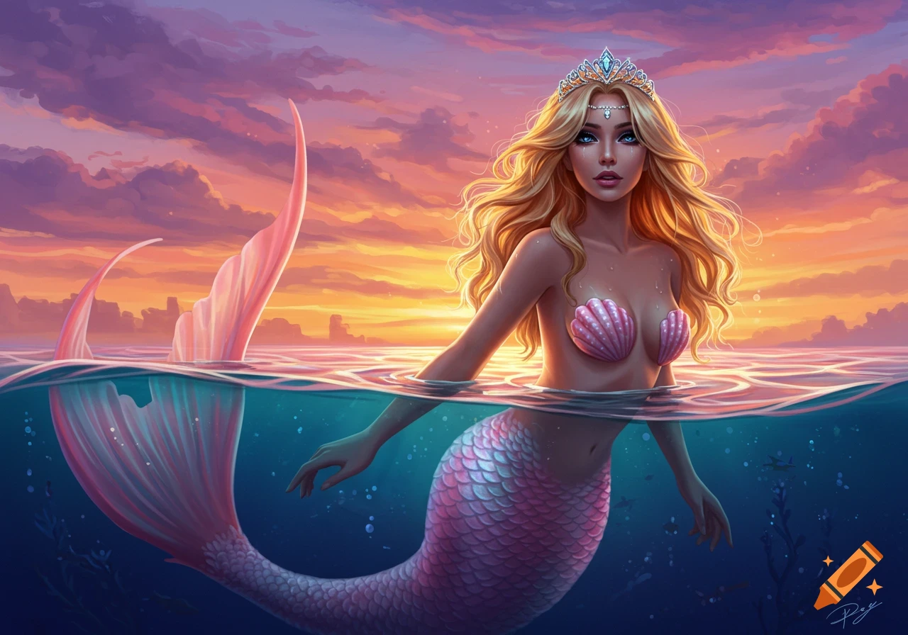 A blonde mermaid with deep blue eyes and a diamond tiara, wearing a seashell bra, rises from the ocean with a pink tail against a vibrant sunset sky.