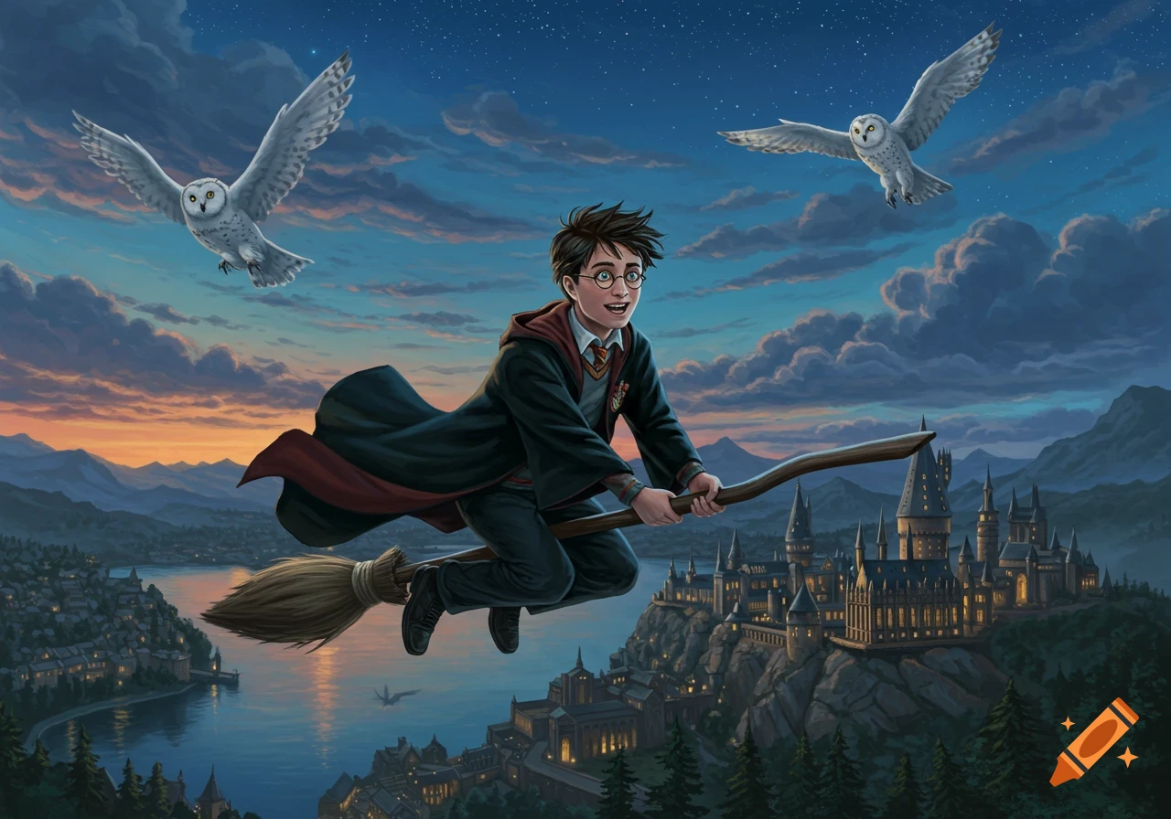 Harry Potter flying on a broomstick with two snowy owls over a castle and a lake at sunset.