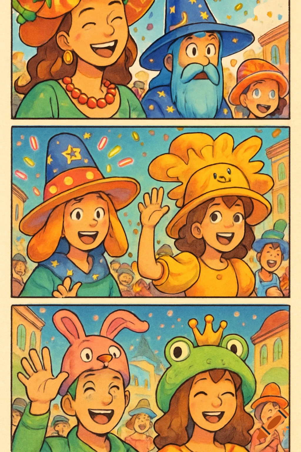 A three-panel comic strip shows happy cartoon people in bright colors, wearing various creative hats like wizard, sunflower, bunny, and frog hats, amidst a festive scene with confetti.