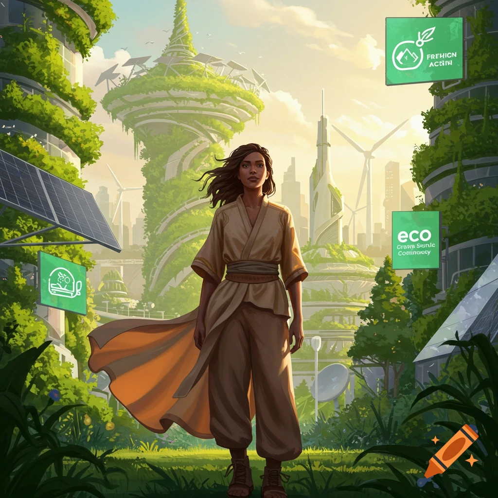 A woman stands in a vibrant, green, futuristic city with eco-friendly architecture, solar panels, and wind turbines. The style is illustrative.