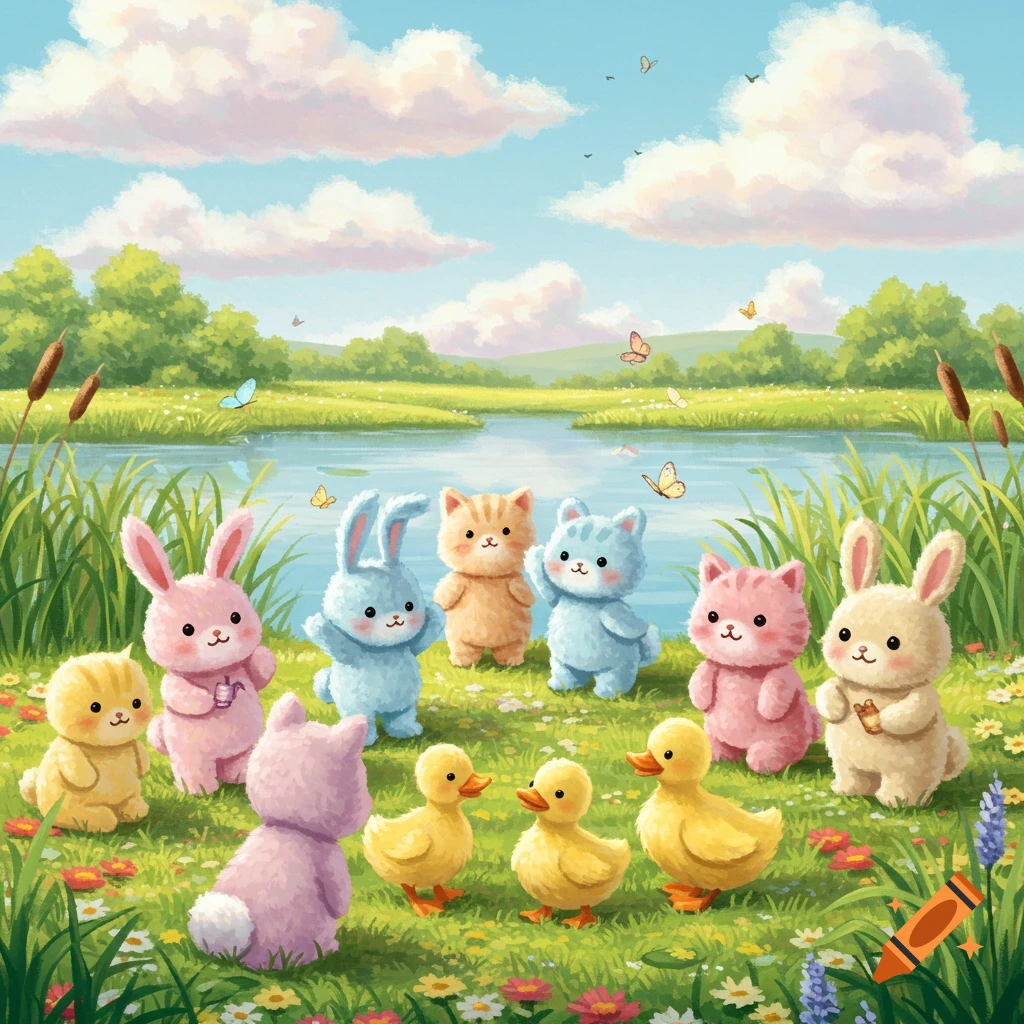 Watercolor illustration of cute bunnies, kittens, and ducklings on a grassy bank by a lake under a blue sky with clouds.