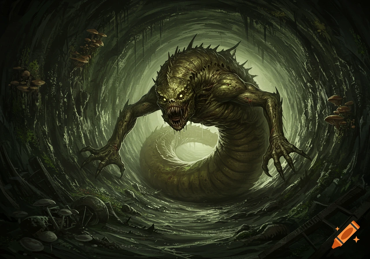A terrifying, green, worm-like monster with sharp claws and teeth lunges from a dark, slimy cave.