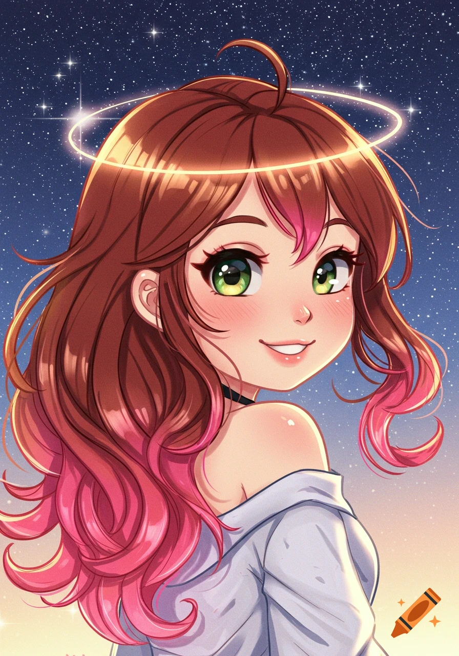 Anime girl with brown to pink hair and green eyes, smiling over her shoulder with a halo, against a starry space background.