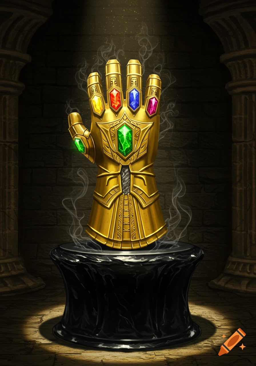 A golden gauntlet adorned with six colorful gems, emanating smoke, rests on a black pedestal in a dimly lit, ancient stone chamber.