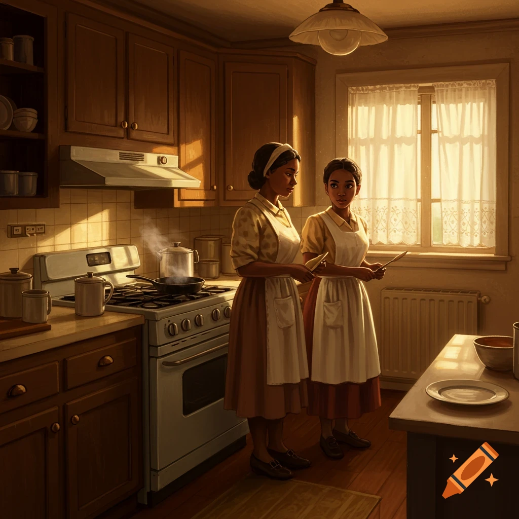 Two women in aprons stand in a warm, sunlit vintage kitchen, preparing a meal.