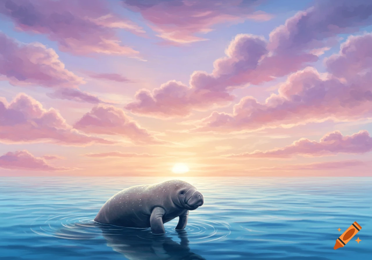 A cute manatee swims in blue water under a vibrant pink, purple, and orange sunset sky in a digital painting.