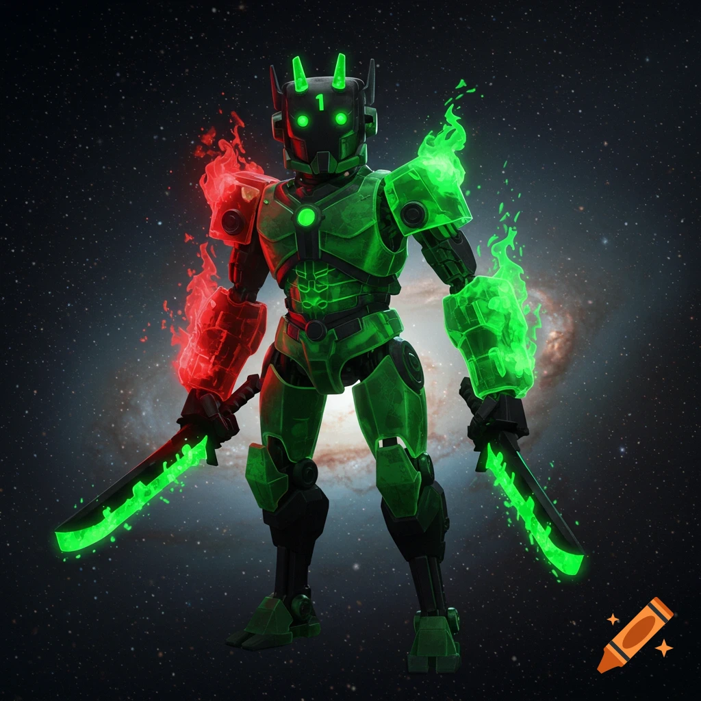 A green and black robot with one red glowing arm and one green glowing arm, holding two glowing green swords, stands in space.