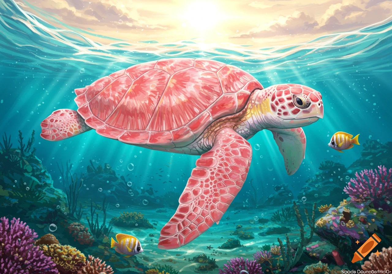 A vibrant pink sea turtle swims underwater above a colorful coral reef, with sun rays from the surface.
