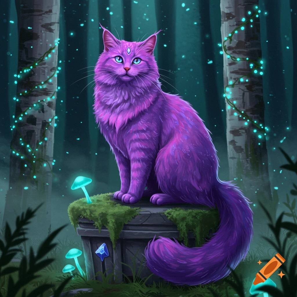 A majestic purple cat with glowing blue eyes sits on a moss-covered stone in a magical forest with luminous mushrooms and fairy lights.