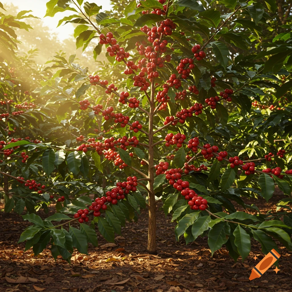 Photorealistic close-up of a coffee tree full of red ripe coffee cherries, bathed in sunlight.