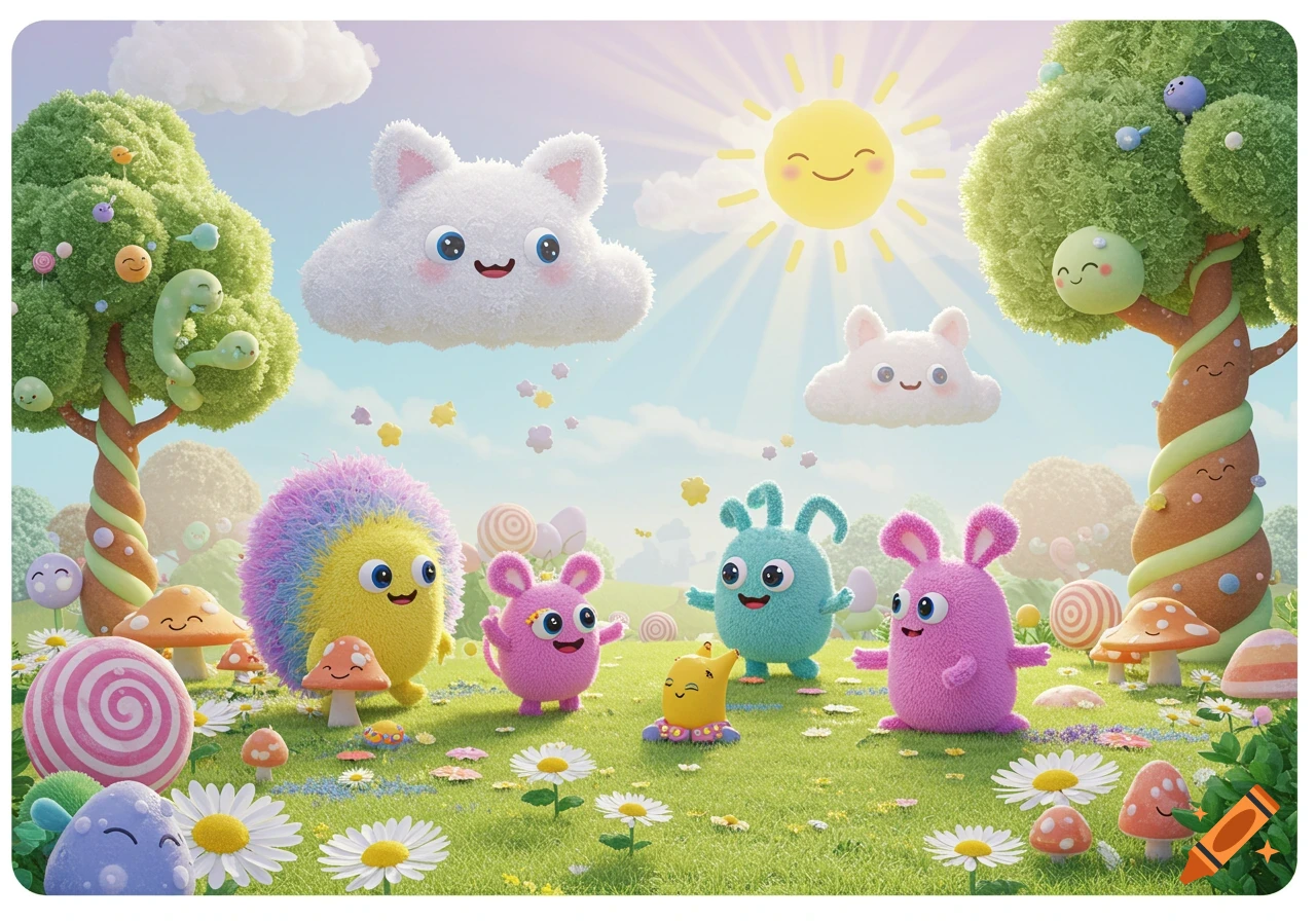 Colorful whimsical illustration of fluffy, smiling cartoon creatures in a vibrant landscape with sentient trees, mushrooms, and clouds.