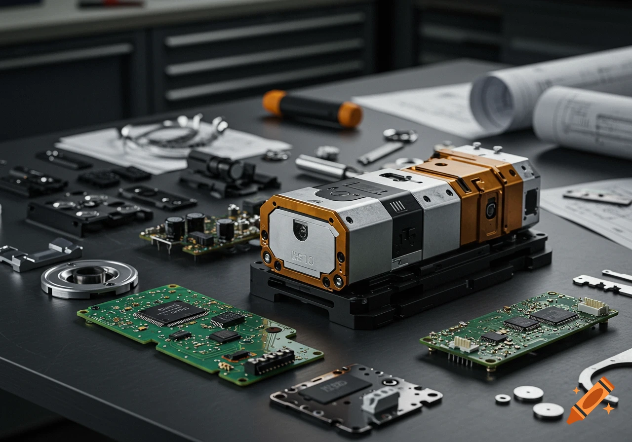 Photorealistic close-up of electronic and mechanical components, including circuit boards, and a device labeled 'HS10' on a dark table with blueprints.