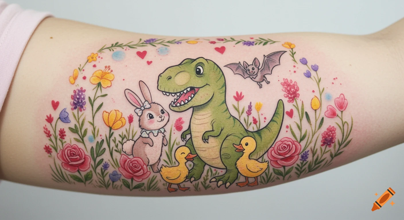 Watercolor tattoo on an arm with a whimsical cartoon T-Rex, bunny, two ducklings, bat, and colorful flowers.