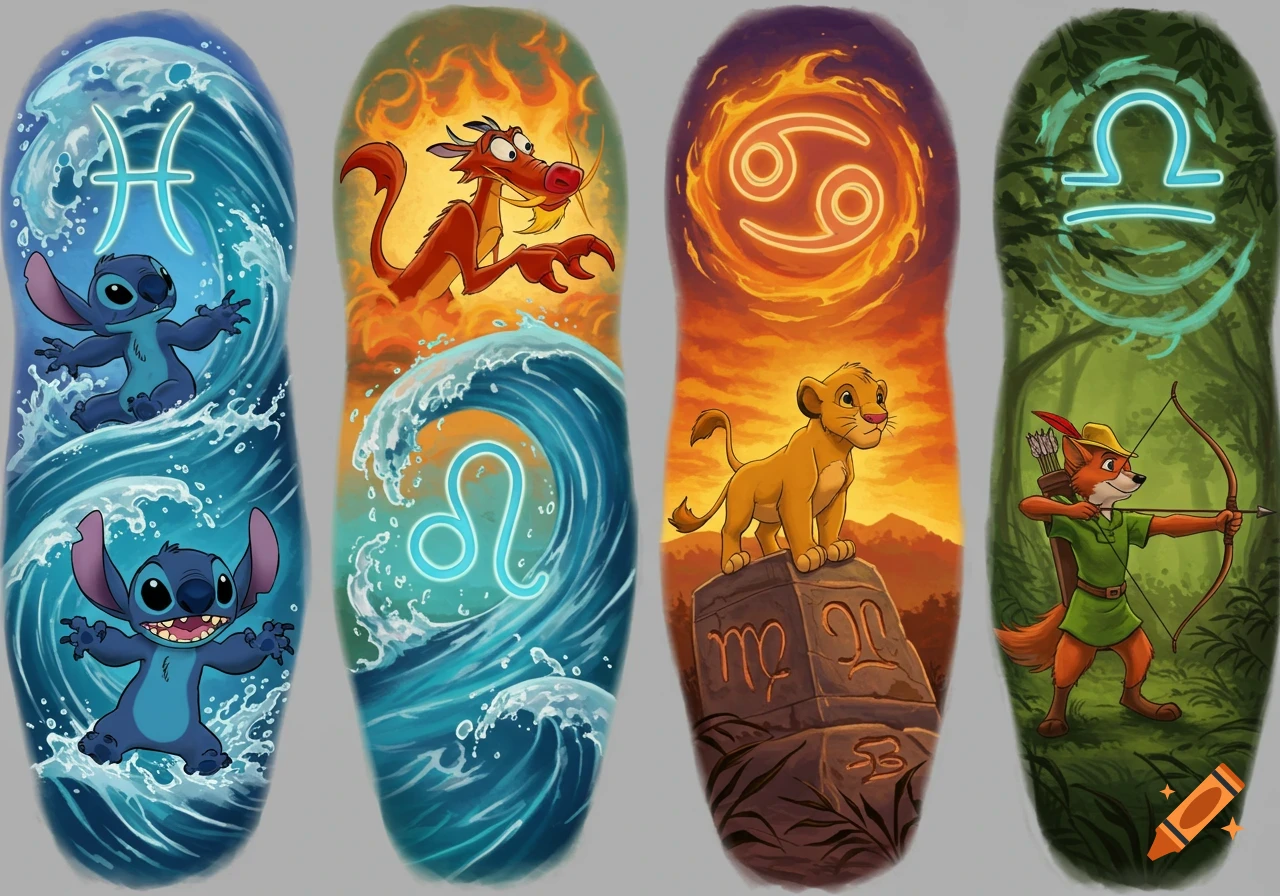 Four vertical tattoo-style panels with Disney characters and zodiac symbols. Stitch (Pisces, water), Mushu (Cancer, fire), Simba (Leo, sunset), Robin Hood (Libra, forest).