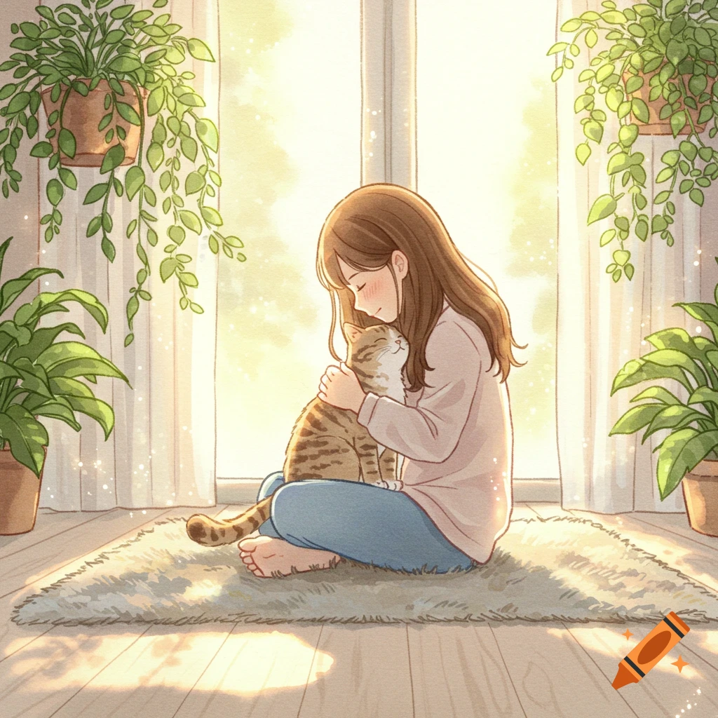 Anime illustration of a girl hugging a tabby cat on a rug by a sunny window with potted plants.