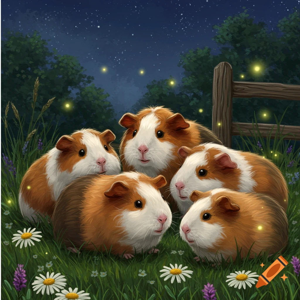 Five brown and white guinea pigs gathered in a grassy field at night with fireflies, stars, and flowers, near a wooden fence.