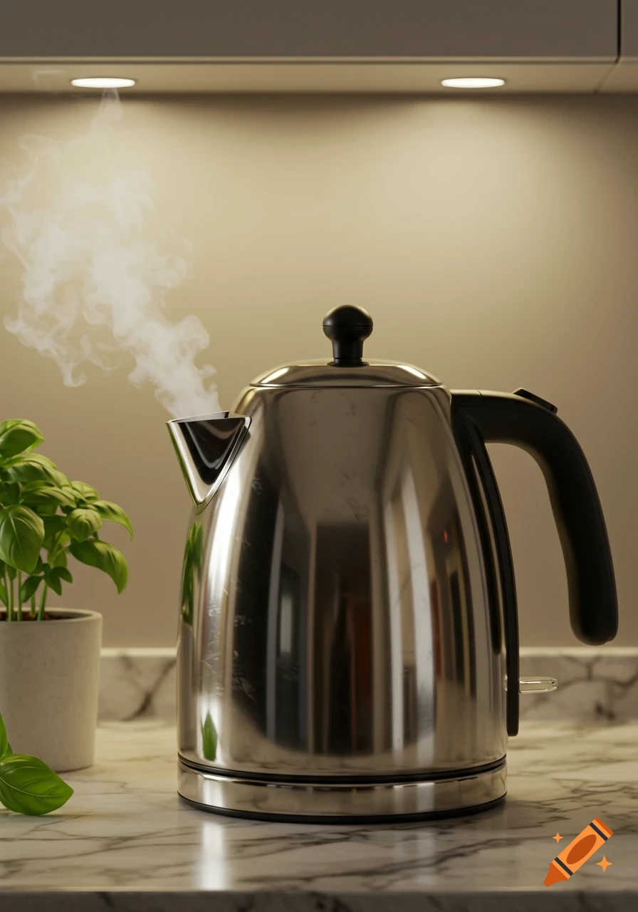 A photorealistic stainless steel electric kettle steams on a marble kitchen counter next to a potted plant, under warm under-cabinet lighting.