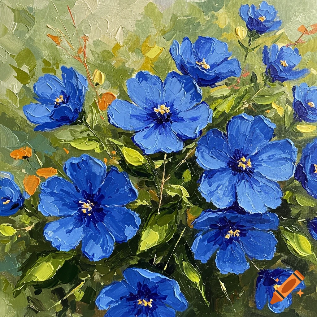 Impressionistic acrylic painting of vibrant blue flowers with thick brushstrokes against a green and yellow background.