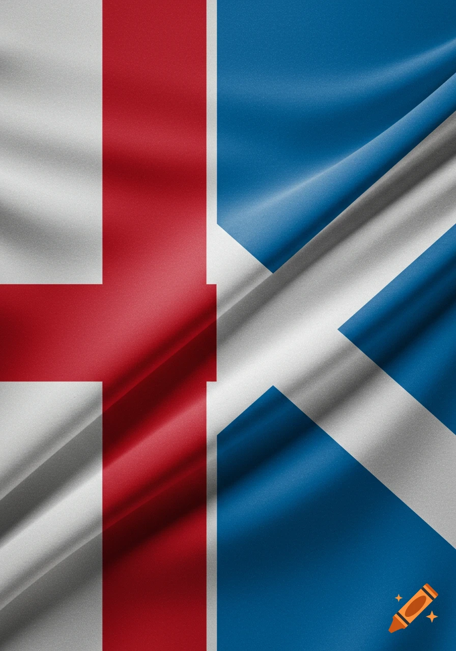 A combined flag featuring the red cross of England on the left and the blue and white Saltire of Scotland on the right, with realistic fabric texture.