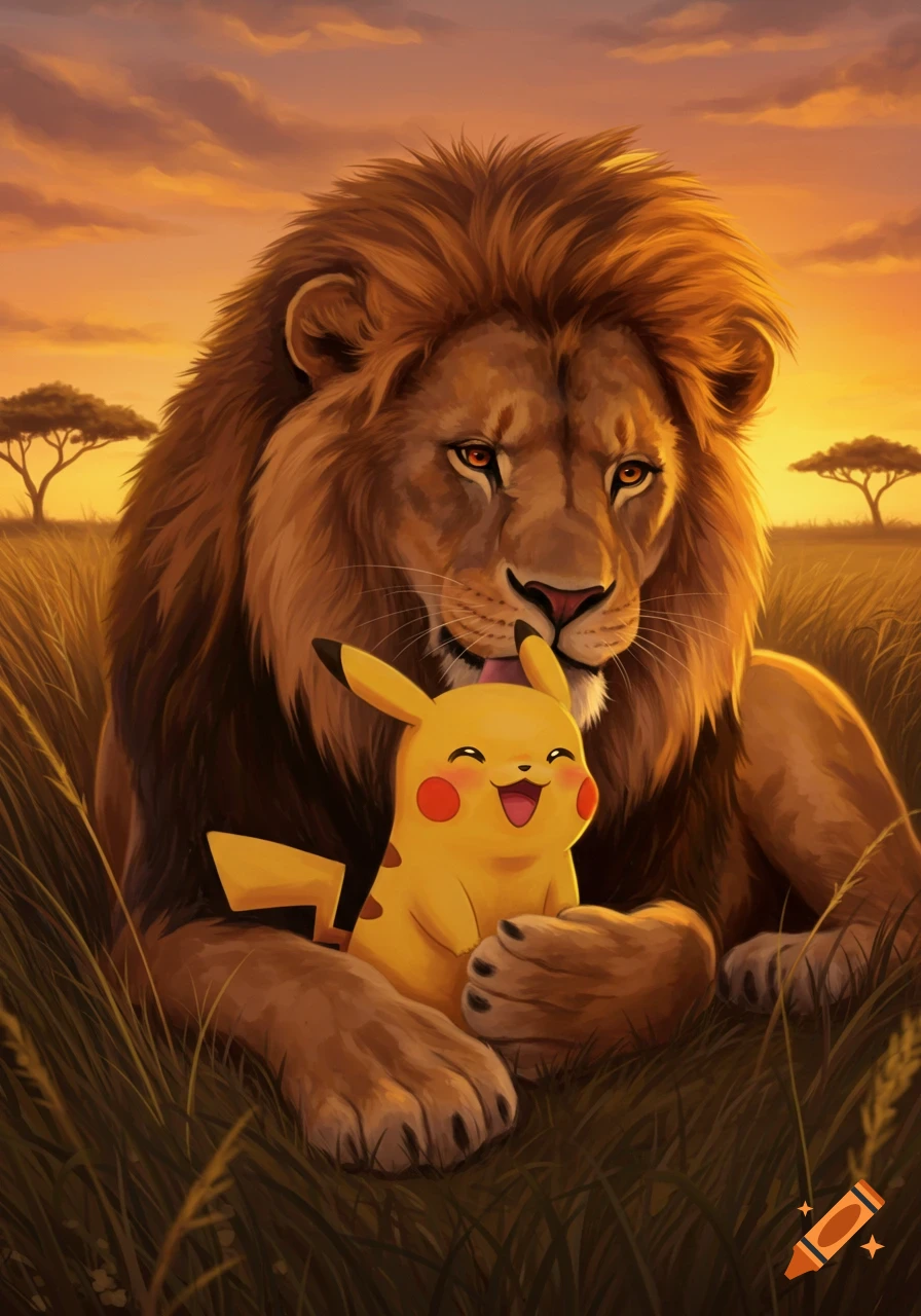 A majestic lion lies in a grassy savanna at sunset, gently hugging and licking a happy Pikachu, in a digital painting style.