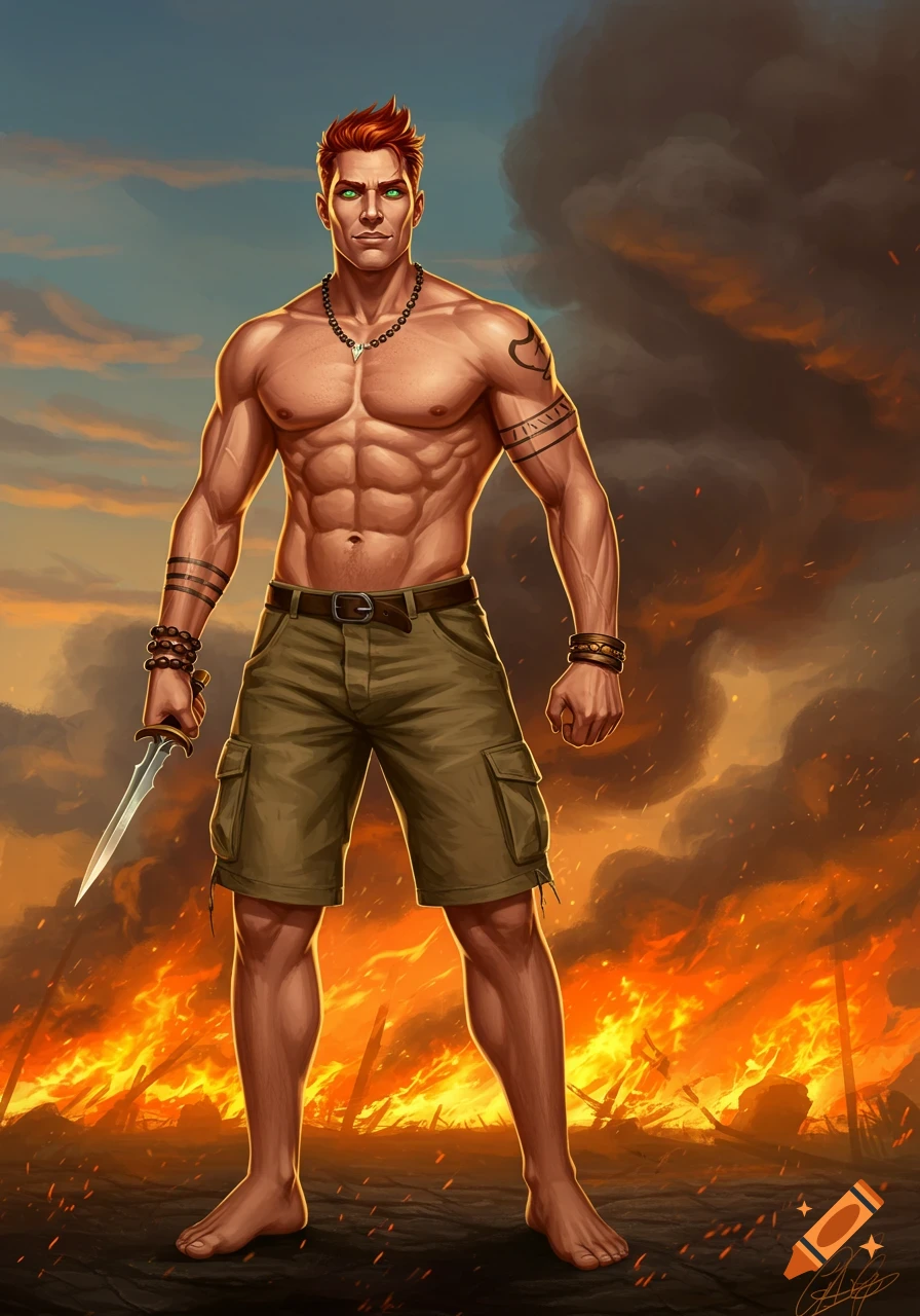 Muscular man with red hair, green eyes, and shorts holding a dagger, standing before a fiery background in a comic book art style.