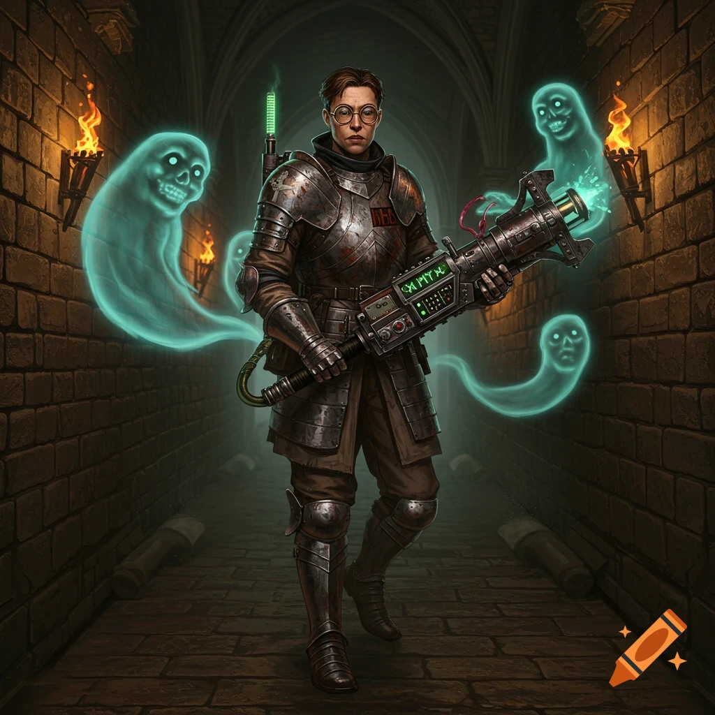 A medieval ghostbuster in armor and glasses holds a futuristic weapon, surrounded by glowing blue ghosts in a dark dungeon.