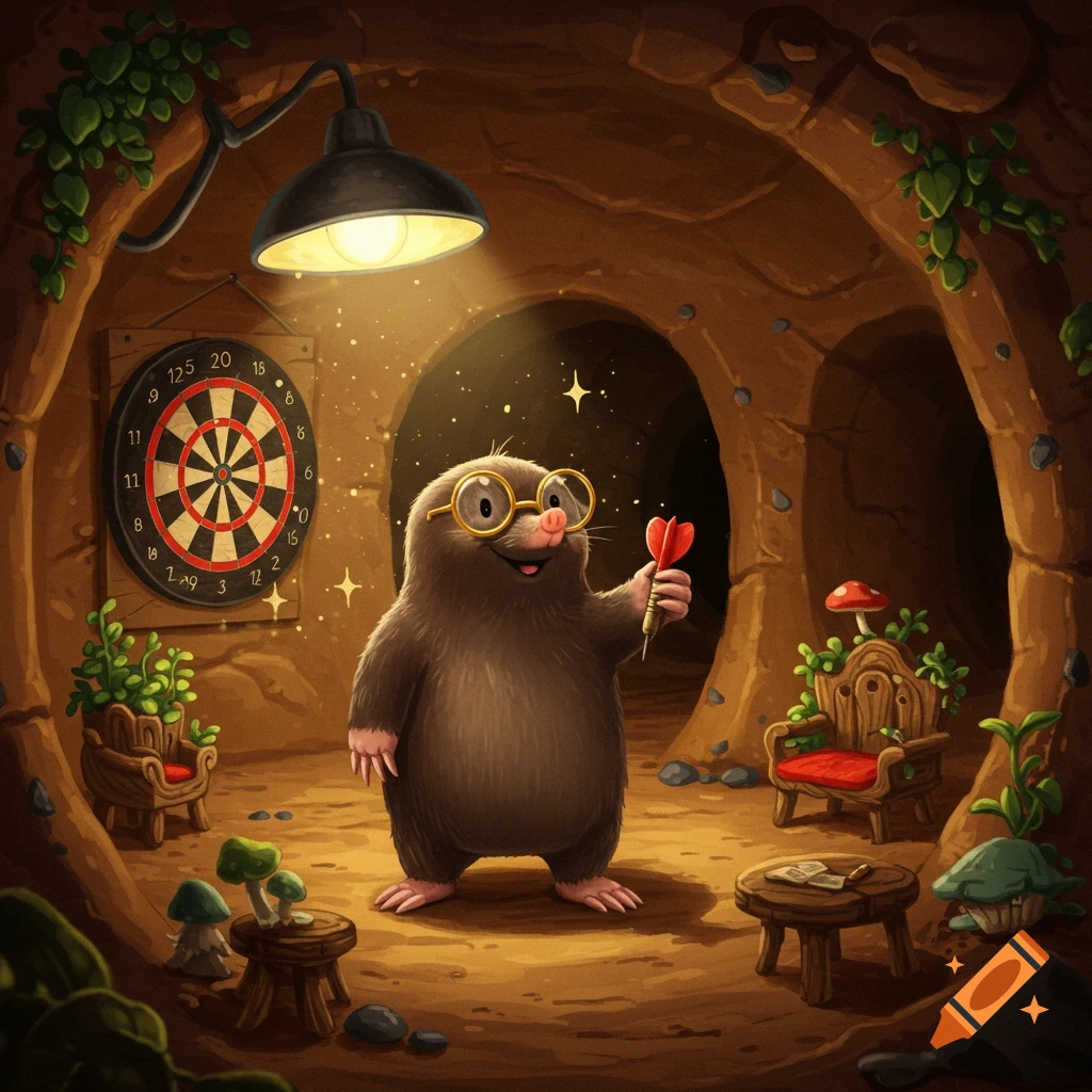 A cute cartoon mole wearing gold-rimmed glasses smiles, holding a red dart, in a cozy underground burrow with a dartboard and mushroom furniture.