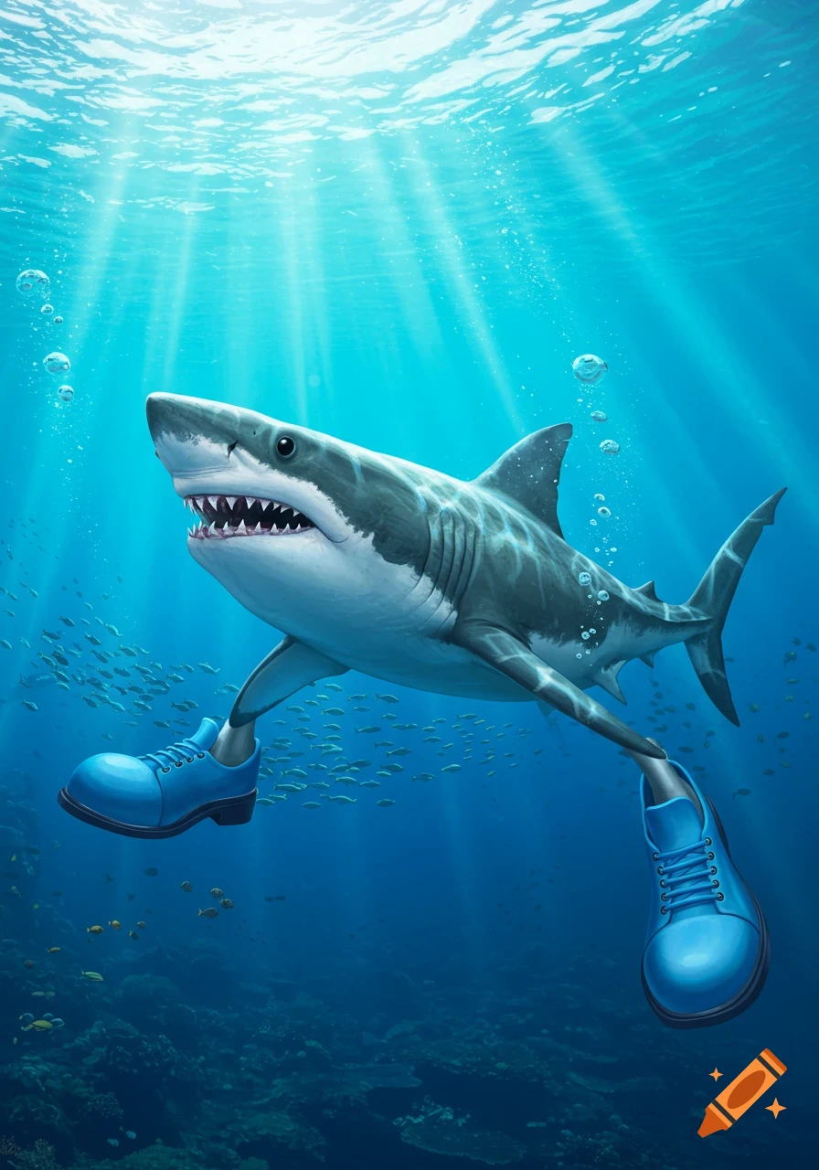 A great white shark with human-like legs wearing bright blue shoes swims underwater with schools of fish and coral.