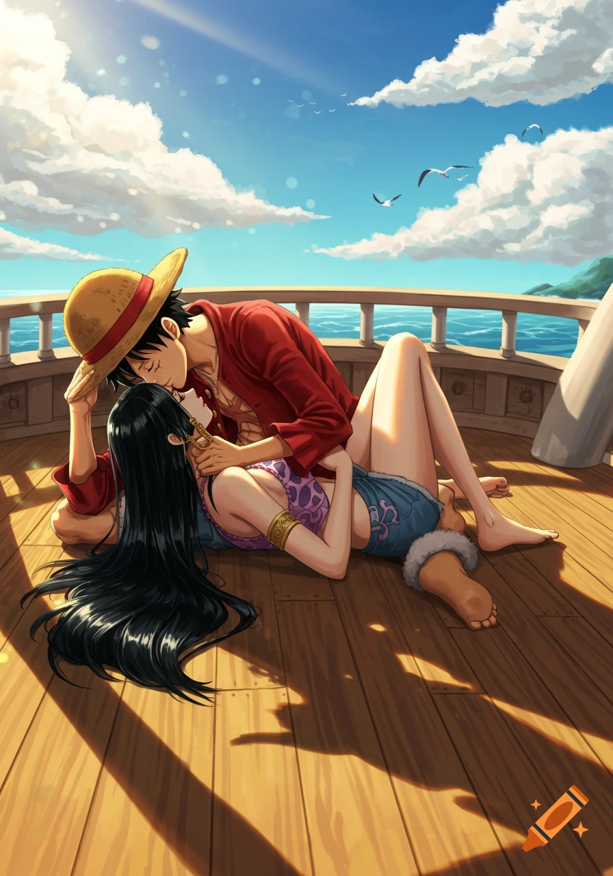 Anime style illustration of Luffy and Hancock kissing on a ship deck under a sunny sky.