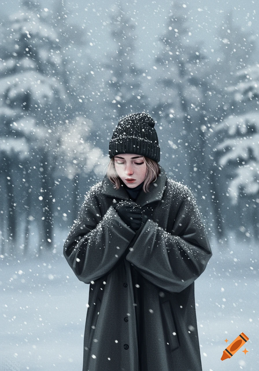 A young person in a dark coat and beanie stands in a snowy forest, looking down as snowflakes fall.