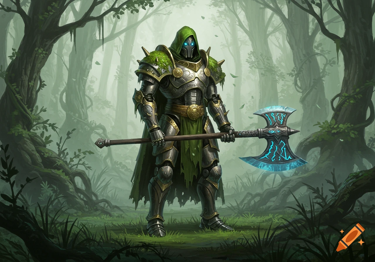 A fantasy armored robot in a green hood holds a glowing blue axe in a misty forest.