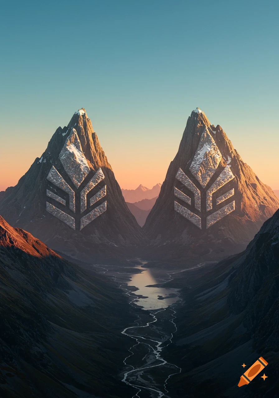 Photorealistic image of two towering mountain peaks at sunset, each featuring a large, metallic Delta Force-like logo. A river winds through the valley below.