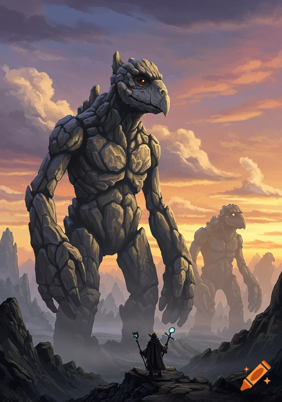A small wizard with glowing staffs faces two towering, bird-like rock monsters in a rocky landscape under a dramatic sunset.