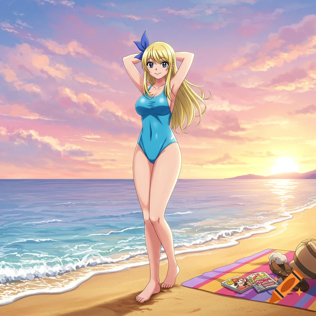 An anime girl with blonde hair and a blue bow in a blue swimsuit stands on a sandy beach at sunset, with magazines and a hat on a towel.