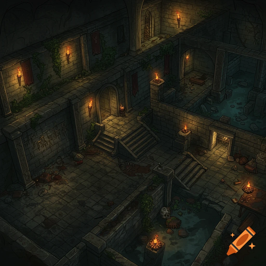Isometric view of a dark, stylized fantasy dungeon battlemap with stone walls, torches, stairs, water, and debris.