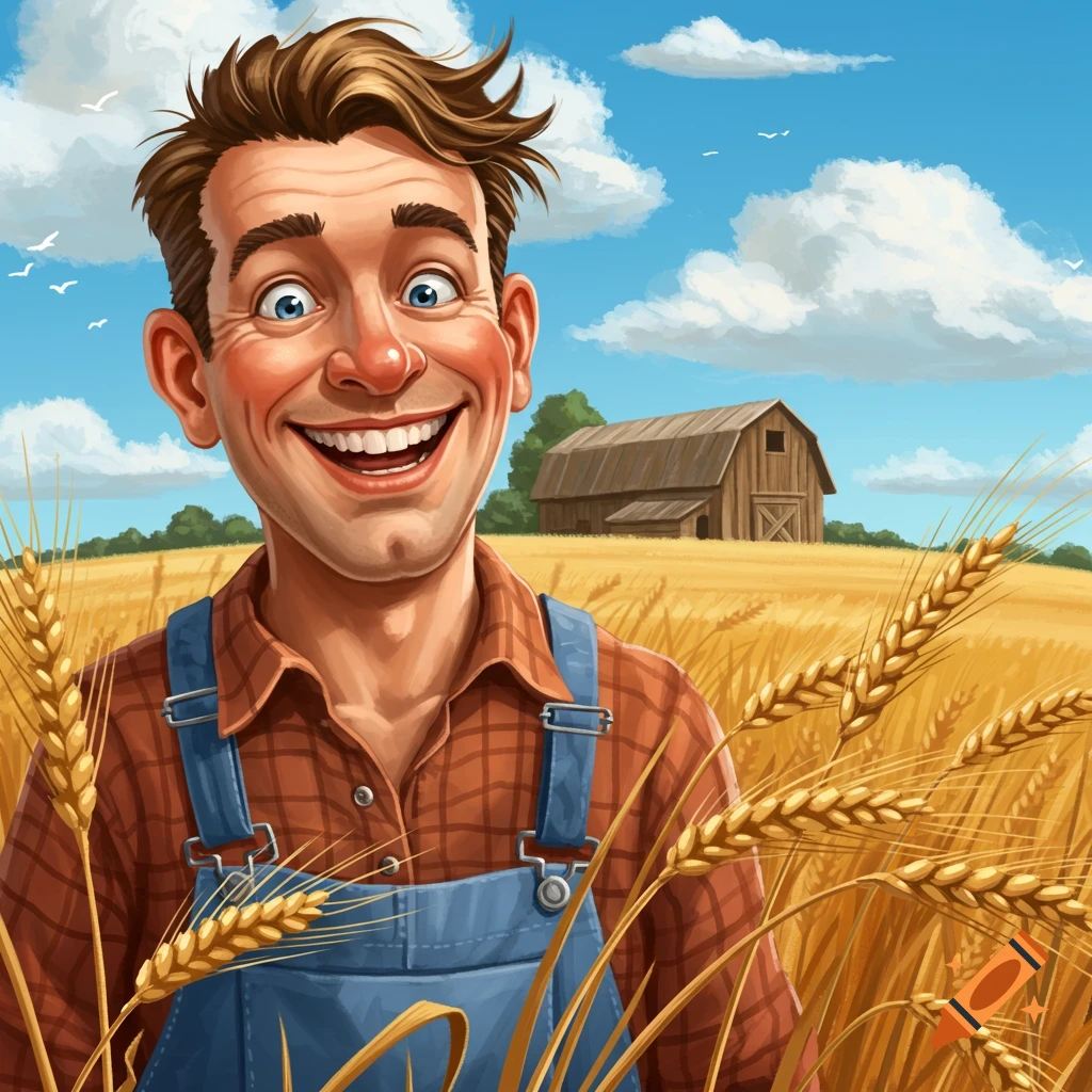 Cartoon farmer with a goofy smile stands in a golden wheat field, a barn under a blue sky in the background.