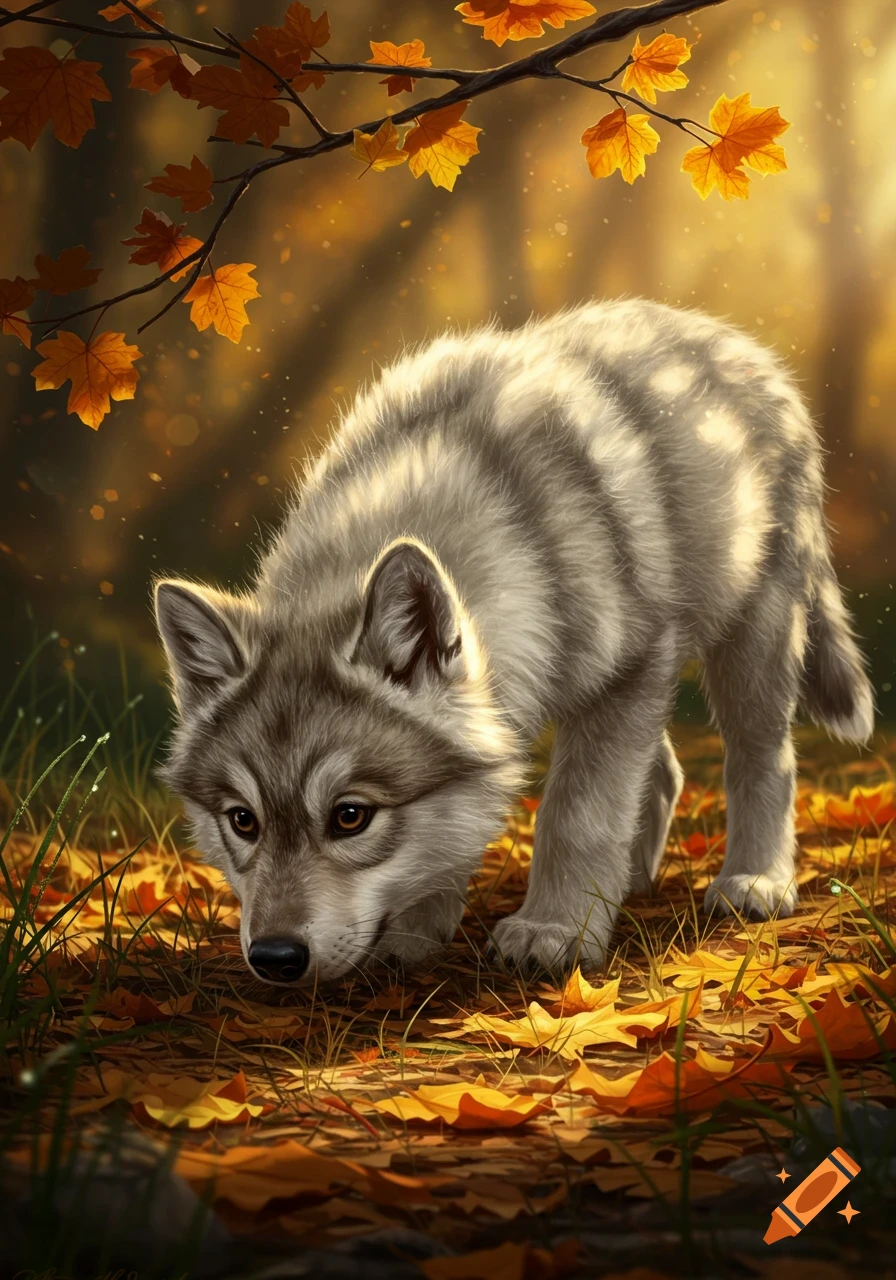 A cute wolf pup sniffs the ground covered in golden autumn leaves, with warm light filtering through tree branches.