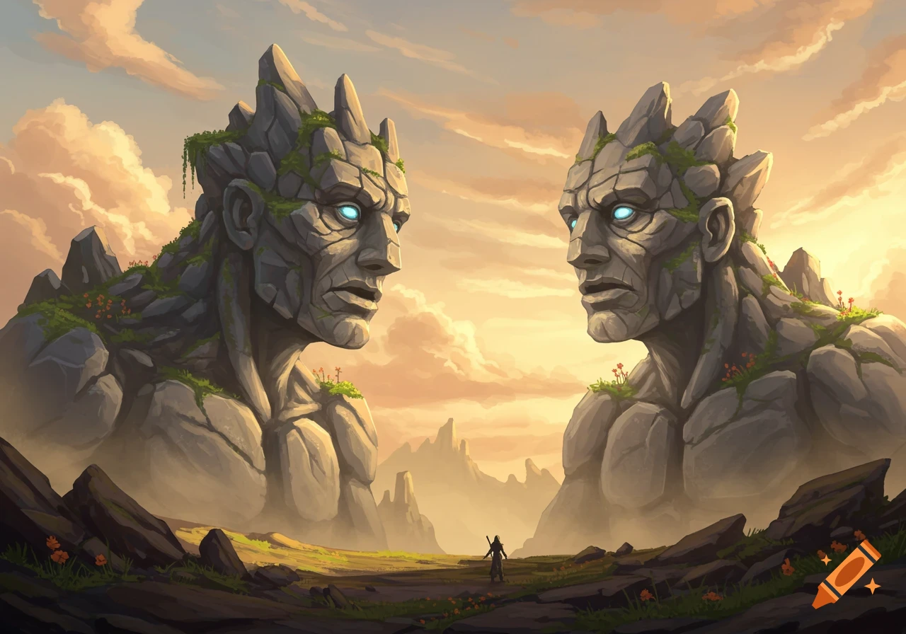 Two towering rock giants with glowing eyes face each other in a mystical landscape with a small figure below, sunset sky.