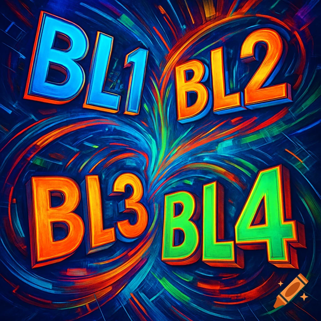 3D block letters BL1, BL2, BL3, BL4 in bright blue, orange, and green against a vibrant, swirling abstract background.
