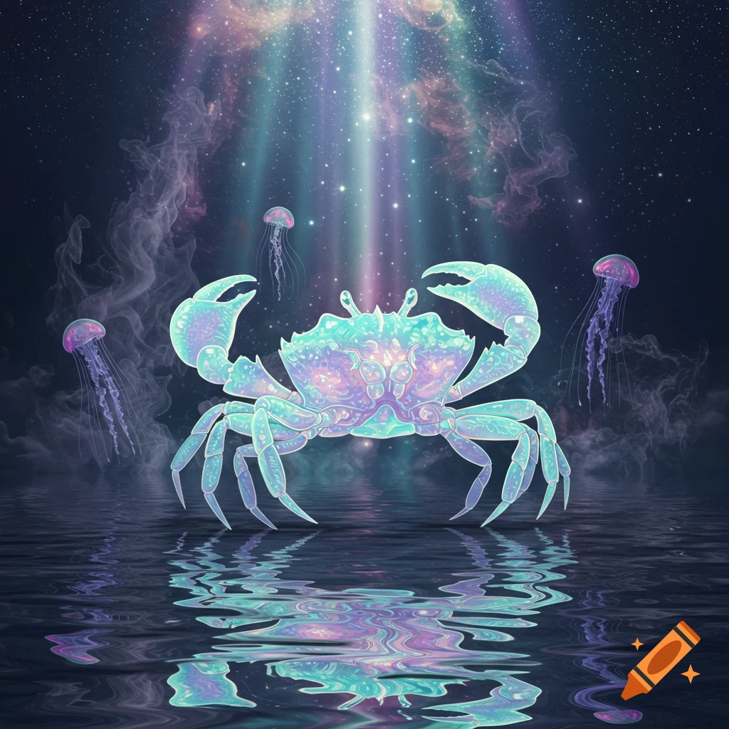 A glowing, translucent crab with purple and blue hues in reflective water, surrounded by ethereal jellyfish and star-filled light rays.