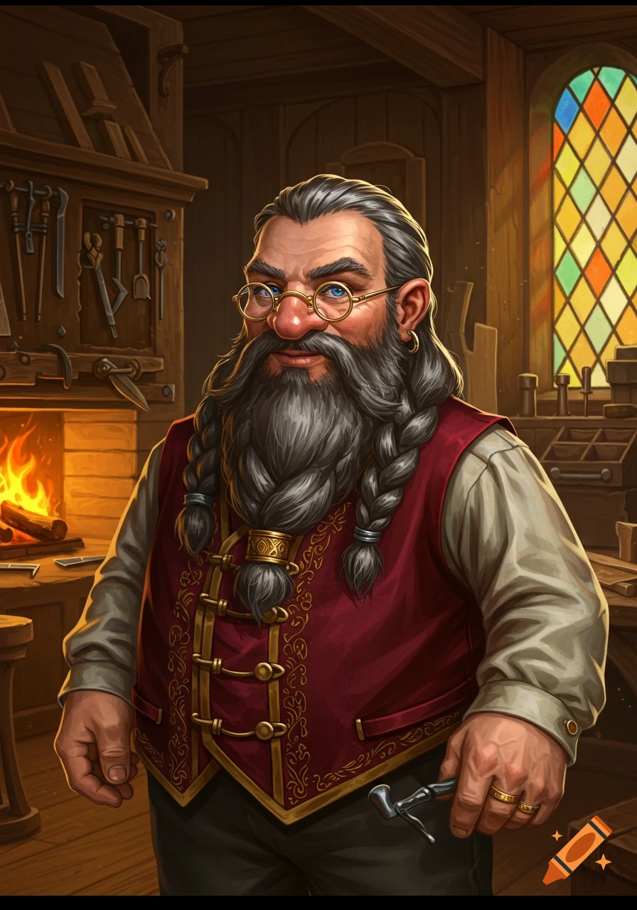 A detailed fantasy illustration of a bearded dwarf gentleman in a red vest, holding a tool in a workshop with a fireplace and stained glass.