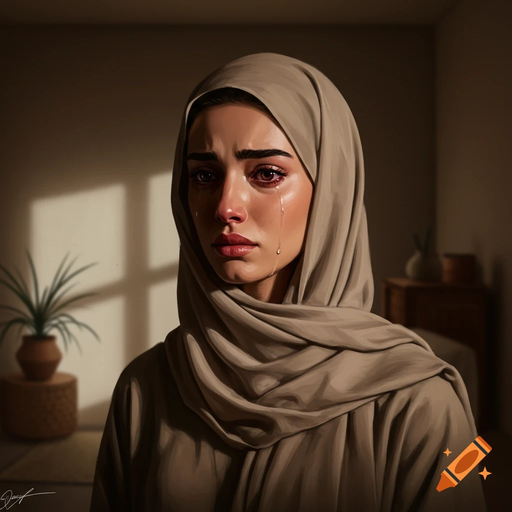 Digital painting of a somber woman in a beige hijab crying, tears on her face, in a dimly lit room.