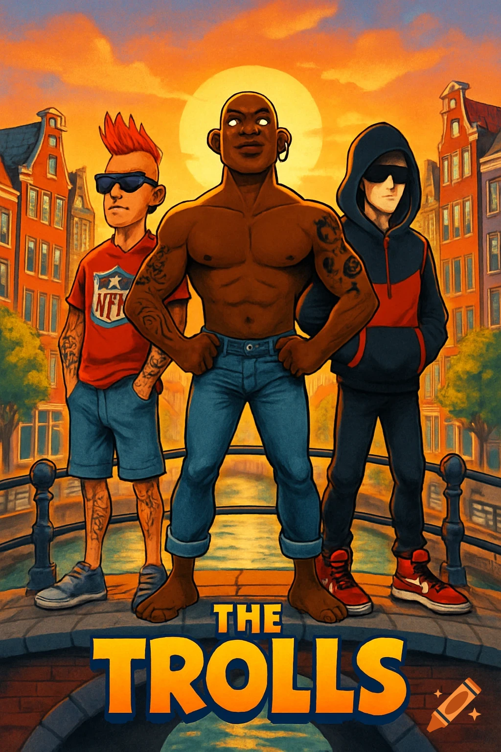 Cartoon movie poster featuring three men: a shirtless muscular man, a man in an NFL shirt and mohawk, and a man in a hoodie, standing on a bridge in Amsterdam at sunset. Title reads 'The Trolls'.