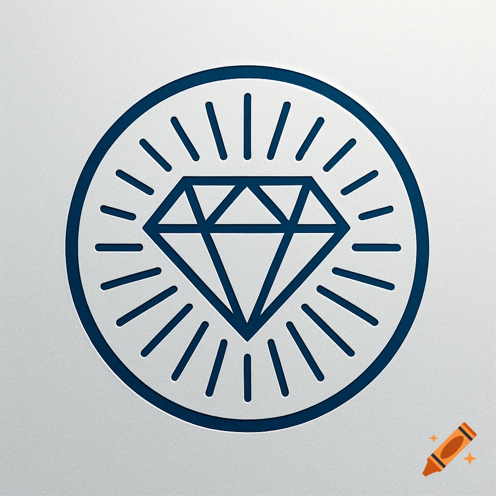 A dark blue diamond and radiating lines icon within a circular outline on a textured light background.