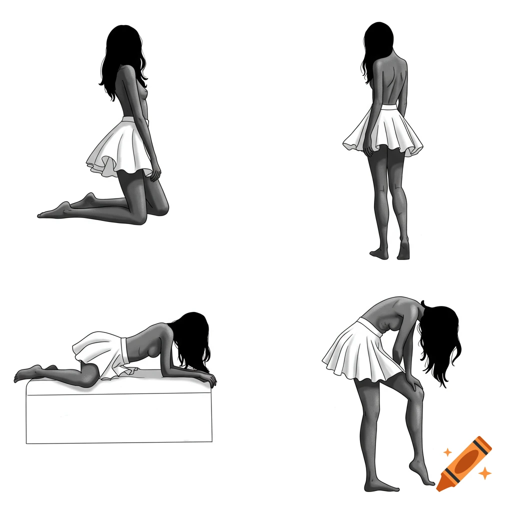 A grid of four black and white minimalist illustrations of a faceless feminine figure in a white short skirt, depicted in kneeling, standing, and lying poses.