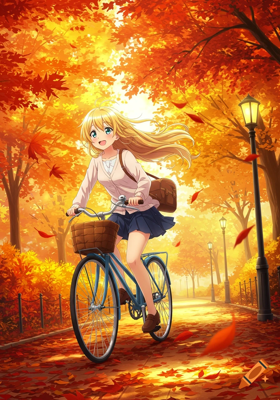 Anime girl with blonde hair riding a blue bicycle on an autumn path with falling red and orange leaves.