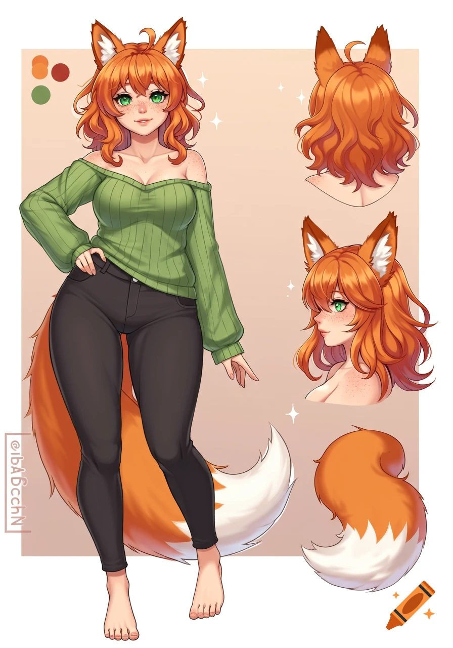 Anime reference sheet of a smiling fox girl with orange hair, green eyes, green off-shoulder sweater, black pants, and a fluffy orange and white tail.
