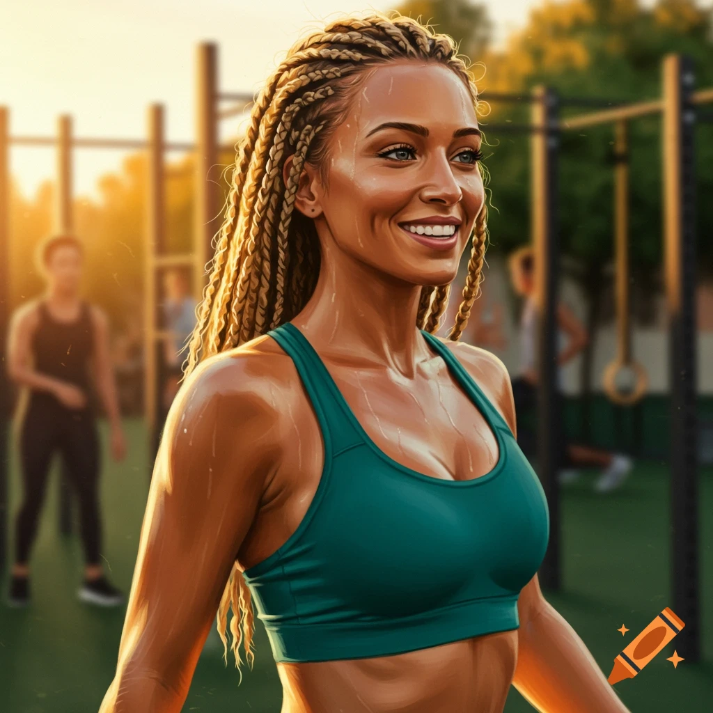 Photorealistic image of a smiling woman with blonde braided hair, sweating in a green sports bra at an outdoor gym during sunset.