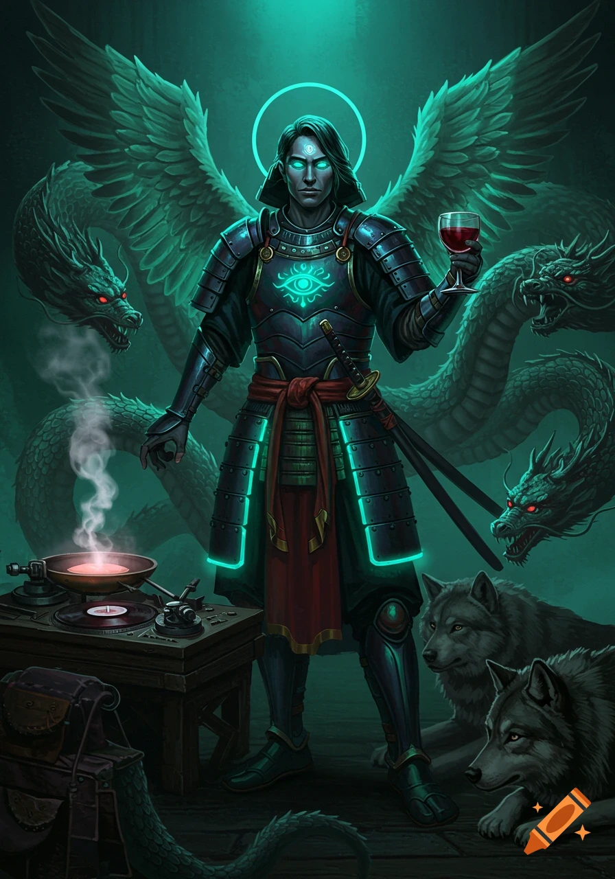 A bioluminescent angel samurai with an eye on his forehead stands with a glass of wine, beside a smoking turntable, surrounded by dragons and wolves in a dark teal fantasy setting.
